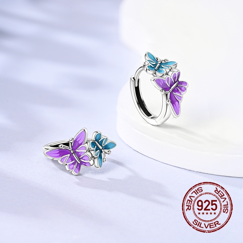Women's 925 Sterling Silver Blue-Purple Butterfly Hoop Earrings